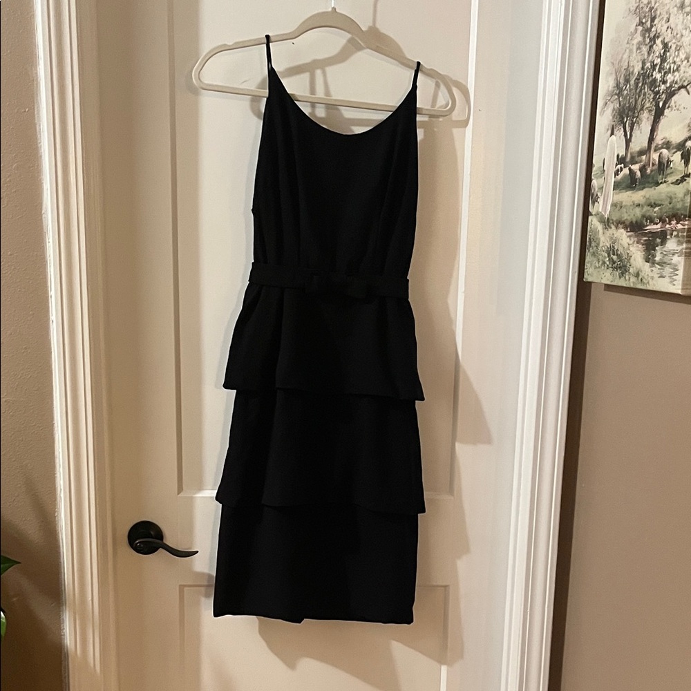 Vintage Sleeveless Black Tiered Midi Dress with Belted Waist